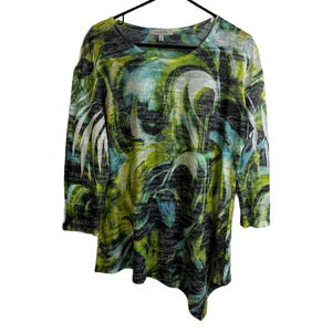 Jess and Jane Tunic Top Womens Large Shirt Green Abstract Burnout Rhinestones